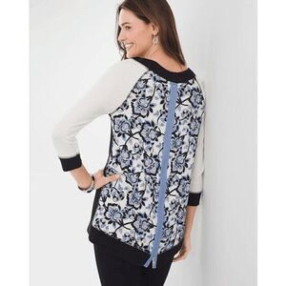 Chico's Zenergy Size 3 (XL/16) Black Blue Floral Print Zipper Back Tunic Top EUC